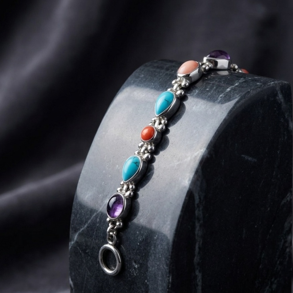 Sterling Silver SH Multi Stone Toggle Bracelet Turquoise Coral Amethyst Artisan - Picture 3 of 12